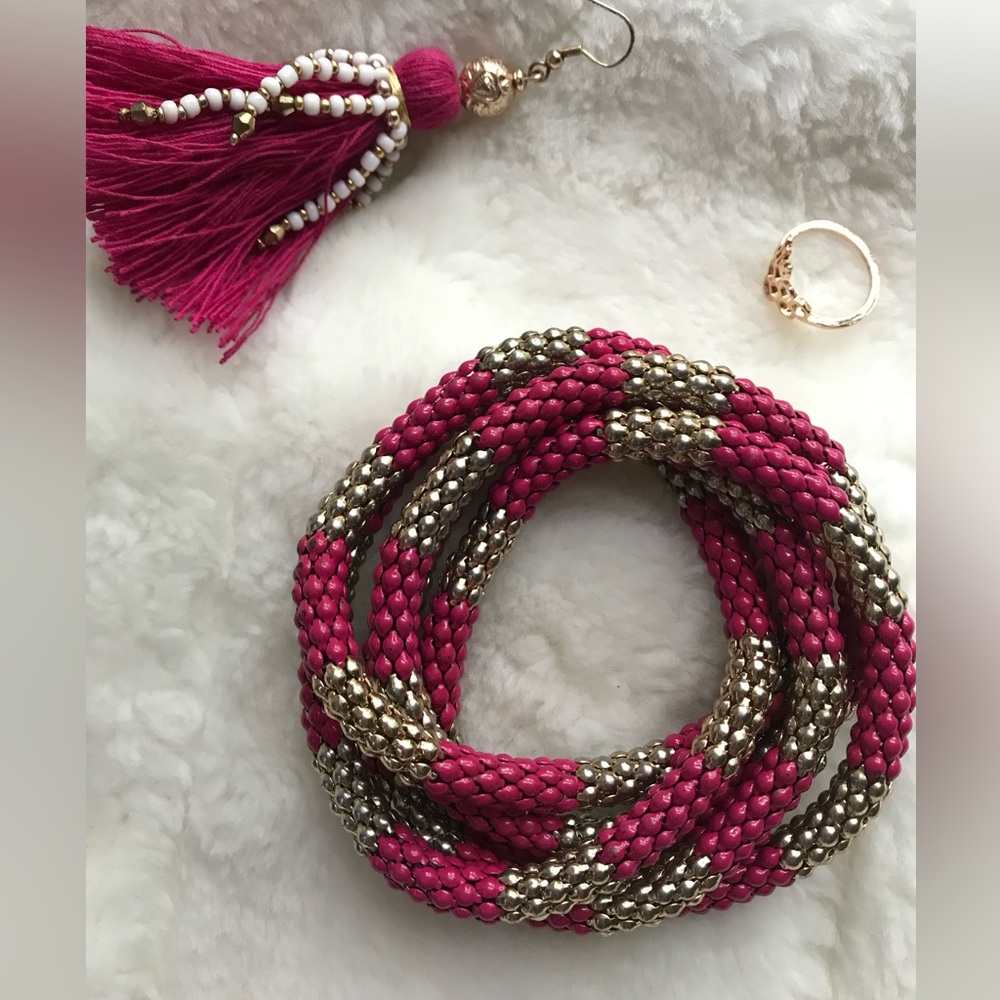 Large Multi Strand Loop Bracelet / Fuchsia Pink Gold